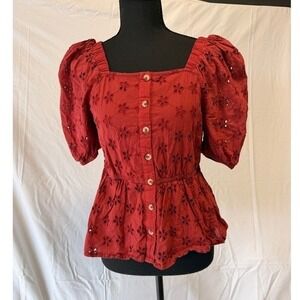 L.O.V. Cherry Eyelet Peplum Top Square Neck Puff Sleeve Button Front XS